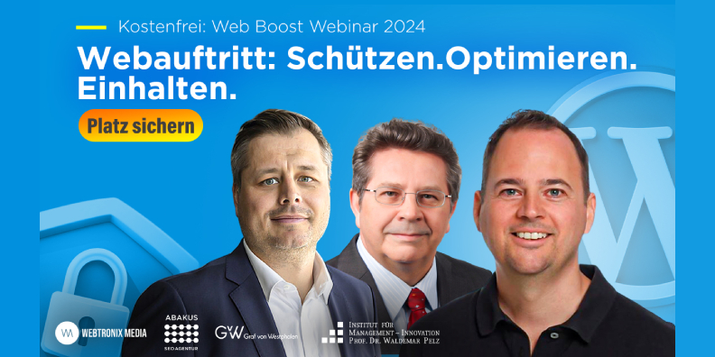 Webtronix Media Webinar „Webauftritt: Schützen. Optimieren. Einhalten.“ am 08.11.2024 mit ABAKUS-Geschäftsleiter Kamillo Kluth.